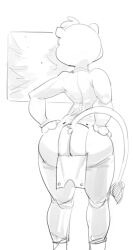 1girls 2017 anthro ass ass_cleavage big_butt butt_crack butt_flap butt_tuft christmas christmas_tree clothing dbaru digital_media_(artwork) drop_seat_pajamas el_arca exposed_butt felid female fur fur_tuft hands_on_hips head_tuft hi_res holidays kairel lion mammal monochrome onesie pajamas pantherine plant rear_view sketch solo standing tail_tuft tree tuft wide_hips window