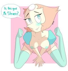 1girls aqua_nipples areolae blue_eyes blue_nipples breasts bunbunmuffinart cartoon_network english_text female_only gem_(species) high-angle_view humanoid light_skin looking_at_viewer nipples pearl_(steven_universe) pointy_nose short_hair small_breasts speech_bubble steven_universe