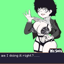 1girls big_breasts black_hair curly_hair english_text female female_only happy lingerie ms._sosa no_pants office_lady pale-skinned_female pale_skin solo text underwear upshirt voluptuous wide_hips yuppie_psycho