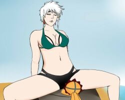 1boy 1boy1girl 1girls big_breasts bikini bleach closed_eyes female female_focus kon kotetsu_isane short_hair silver_hair spread_legs swimsuit taller_female taller_girl