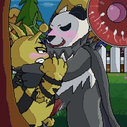 1:1 anthro balls black_body blush blush_lines bodily_fluids claws cum cum_inside digital_media_(artwork) duo ejaculation electabuzz embrace erection female feral forest fur generation_1_pokemon generation_6_pokemon genital_fluids genitals giant_panda hi_res hug humanoid lawealewd looking_pleasured male male/female mammal monster nintendo nude open_mouth pangoro paws penetration penis pixel_(artwork) plant pokémon_(species) pokemon pokemon_(species) pussy sex smile tree ursid vaginal_penetration video_games white_body white_fur yard yellow_body