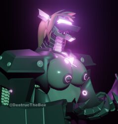 anthro armor black_body breasts clothing cybernetics destructhebox female fish glowing glowing_nipples grey_body hi_res intersex intersex/female machine marine nipples pndr-614 presenting presenting_breasts purple_visor relieved robot shark sluttyroboshark solo undressing visor