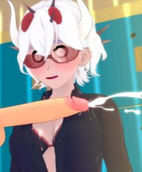 1girls 3d beelzebub_(helltaker) big_penis blush bra breasts cum cum_on_body cum_on_breasts cumming disembodied_penis female glasses helltaker horns koikatsu mob_face open_mouth open_shirt penis shocked short_hair spiritofrei surprised swimsuit white_hair