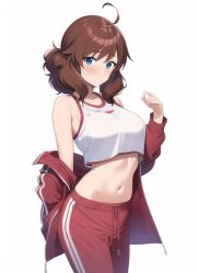 1girls ai_generated bangs blue_eyes blush brown_hair crop_top gym_uniform hibike!_euphonium looking_at_viewer midriff nai_diffusion navel oumae_kumiko red_legwear shoulders sportswear stable_diffusion sweatpants track_jacket track_pants white_shirt