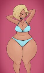 big_breasts blonde_hair blue_eyes breasts cleavage dark_skin hair_over_one_eye hi_res huge_ass slightly_chubby thick_thighs too_many_superheroes underwear vendant vicky_(vendant) wide_hips yawning