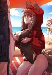 1boy 3girls absurdres amiya_(arknights) animal_ears arknights beach black_one-piece_swimsuit blush breast_hold breasts censored doctor_(arknights) erection female grey_hair highres jacket kal'tsit_(arknights) large_breasts long_hair long_sleeves male male_doctor_(arknights) mosaic_censoring multiple_girls naked_jacket official_alternate_costume one-piece_swimsuit open_clothes open_jacket outdoors paizuri penis perpendicular_paizuri projekt_red_(arknights) projekt_red_(light_breeze)_(arknights) public_indecency red_jacket revision solo_focus straight swimsuit tail testicles wolf_ears wolf_girl wolf_tail xia_wanzi yellow_eyes