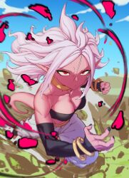 android_21 athletic_female attacking_viewer bare_shoulders black_nails bracelet dragon_ball dragon_ball_fighterz dragon_ball_z harem_outfit incoming_attack jewelry long_hair looking_at_viewer majin_android_21 medium_breasts muscular_female pink_skin pointy_ears punching red_eyes rock serious serious_look solo solo_female spiky_hair tail white_hair zquung