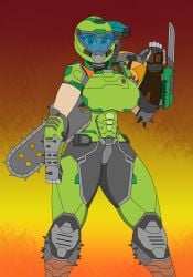 1girls armor big_breasts breasts chainsaw clothed clothing doom doom_eternal doom_slayer_(doom) human looking_at_viewer rule_63 samrunner small_waist thick_thighs thighhighs thighs waist