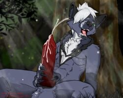 5:4 absurd_res bodily_fluids canid canine canis cum forest furry_only genital_fluids genitals hi_res knot lewd_(disambiguation) mammal masturbation nsfw original_character penis plant rowanzero tree wolf