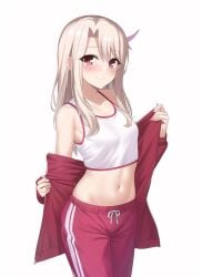 1girls ai_generated crop_top fate/kaleid_liner_prisma_illya fate_(series) gym_uniform illyasviel_von_einzbern looking_at_viewer midriff nai_diffusion navel red_legwear shoulders small_breasts sportswear stable_diffusion sweatpants track_jacket track_pants white_hair white_shirt