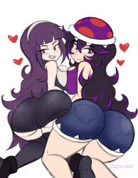 2girls bent_over big_ass blush breast_squeeze breast_to_breast clothed denim_shorts dodo-bot female female_only heart long_hair looking_back mario_(series) nintendo original original_character piranha_plant piranha_plant_girl purple_eyes purple_hair red_eyes seductive stockings tank_top white_background