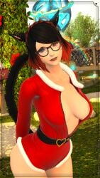 1girls avatar_(ff14) big_breasts black_hair blue_eyes braid catgirl christmas christmas_clothing christmas_outfit female final_fantasy final_fantasy_xiv glasses gpose(ffxiv) heart miqo'te nekomimi red_eyes red_hair shaika_row smile tail