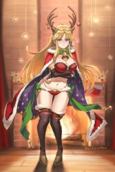 1girls absurdres ahoge alternate_costume anger_vein angry animal_ears ass_visible_through_thighs bangs bell bikini blonde_hair blunt_bangs blurry blurry_background blush breast_hold breasts bridal_gauntlets bronze_felix brown_footwear burnt_green_tea cape chimney christmas christmas_ornaments circlet clarisse_(fire_emblem) cleavage commission commission_art cosplay deer_ears embarrassed eyebrows_hidden_by_hair fake_antlers female female_only fire_emblem fire_emblem:_new_mystery_of_the_emblem fire_emblem_heroes fireplace frown fur_trim green_ribbons highleg highleg_bikini highres jingle_bell kneehighs knees_together_feet_apart large_breasts long_hair midriff neck_bell nintendo purple_eyes red_bikini red_cape ribbon santa_bikini shadow sidelocks signature skindentation socks solo swimsuit tharja_(fire_emblem) tharja_(fire_emblem)_(cosplay) thigh_gap very_long_hair wooden_floor