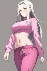 1girls ai_generated alternate_costume casual crop_top cropped_sweater edelgard_von_hresvelg female fire_emblem fire_emblem:_three_houses long_hair long_sleeves midriff nai_diffusion navel pink_clothing pink_legwear pink_topwear solo stable_diffusion sweatpants white_hair