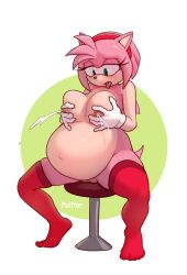 amy_rose big_breasts female grabbing_own_breast green_eyes lactation nipples pink_hair pregnant pufftor pussy sega sitting sonic_(series) thighhighs