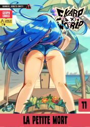 1girls blue_hair cover_page crab english_text gerph long_hair shorts skarp_world skarpne_(skarp_world) skarpworld