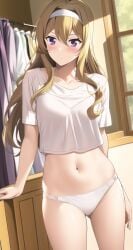 1girls ai_generated blonde_hair cowboy_shot crop_top facing_viewer indoors inside looking_at_viewer midriff nai_diffusion navel panties purple_eyes saijou_claudine shoujo_kageki_revue_starlight solo stable_diffusion t-shirt underwear white_clothing white_headband white_panties white_shirt