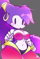 armin_phantasm armin_phantasm_(artist) breasts earrings looking_at_viewer needlemouse_(character) needlemouse_(series) ponytail sarah_henderson_(needlemouse) shantae shantae_(cosplay) shantae_needlemouse smooth_skin