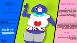 2022 anthro anthro_female big_breasts big_ears big_nipples blue_background blue_body blue_eyes blue_skin blush breasts bubbles fat fat_belly fat_female generation_7_pokemon green_background lips logo mia_sandoval_(solandgamer75) neck nintendo nipples nipples_visible_through_clothing painted_nails pink_background pink_nose pokémon_(species) pokemon pokemon_(species) pokemon_sm popplio sea_lion sea_lion_humanoid seal seal_humanoid shorts solandgamer75 spanish_text t-shirt text watermark winking winking_at_viewer