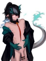 1boy acuonoa arknights bar_censor black_coat black_collar black_hair blush censored coat collar colored_skin cowboy_shot detached_collar dragon_boy dragon_horns dragon_tail dusk_(arknights) earrings embarrassed flaccid genderswap_(ftm) green_skin hair_between_eyes hair_over_one_eye highres horns jewelry long_sleeves looking_at_viewer male_focus male_only medium_hair naked_coat navel necktie nipples off_shoulder one_eye_covered open_clothes open_coat penis pointy_ears red_eyes red_necktie rule_63 solo tail tassel tassel_earrings