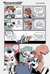 anthro black_floor black_nose canid canine canis closed_eyes clothing collar collar_tag colored comic comic_page dialogue digital_drawing_(artwork) digital_media_(artwork) domestic_dog duo ears_up english_text eye_through_hair female genitals hair hi_res icon interspecies kiaun maid_apron maid_uniform male mammal obscured_eyes page_5 page_number penis portrait rodent sciurid shaded signature simple_background size_difference speech_bubble symbol tag teeth text tongue tongue_out translucent translucent_hair uniform url white_background