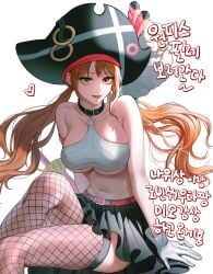 1girls big_breasts breasts busty choker crop_top curvy female female_only fishnets gloves heart korean_text long_hair nami one_piece one_piece_film_red orange_hair overflowing_breasts pirate pirate_hat post-timeskip sitting skirt solo translation_request twintails uhaty_00 underboob untranslated