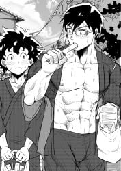 abs blush clothed eating_food gay glasses ice_cream izuku_midoriya kimono male_only muscular my_hero_academia pecs tenya_iida tofuboyz