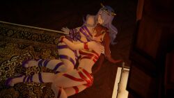 2girls 3d ass bare_shoulders blush breasts camilla_(fire_emblem) choker commission exaltedbrand fire_emblem fire_emblem_awakening fire_emblem_fates fireplace gift_wrapped gold_trim hand_on_ass head_on_breasts high_heels hug indoors long_hair more_at_source mostly_nude naked_ribbon nintendo posing purple_eyes purple_hair purple_ribbon red_eyes red_hair red_ribbon ribbon ribbons selena_(fire_emblem_fates) severa_(fire_emblem) twintails underboob yuri