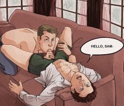 2boys angel bara belt blowjob blue_eyes brown_hair castiel_(supernatural) couch curtains dean_winchester english_text enochian enochian_tattoo enochian_text fellatio freckles green_eyes hairy_legs hand_on_penis indoors jensen_ackles light_skin lying lying_down lying_on_back male male_only misha_collins necklace occult_symbol open_bottomwear open_mouth open_shirt oral oral_penetration oral_sex pants penetration penis penis_grab penis_in_mouth ring sex shirt speech_bubble supernatural_(series) text text_bubble tree trees uncensored underwear yaoi