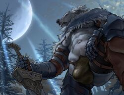 2022 5_fingers anthro armor biped blaidd_(elden_ring) bulge canid canine canis clothing detailed_background digital_media_(artwork) elden_ring fingers fromsoftware fur gauntlets gloves grey_body grey_fur handwear hi_res holding_object holding_weapon legwear male mammal mickey_the_retriever moon navel nipples plant solo solo_male straps tree underwear video_games weapon wolf