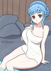 1girls bare_thighs blue_hair braid breasts brown_eyes cleavage female female_only fire_emblem fire_emblem:_three_houses large_breasts light_blue_hair looking_at_viewer marianne_von_edmund naked_towel nintendo onsen short_hair sitting sixtybuzzer smile solo thick_thighs thighs towel water