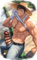 1boy abs bar_censor bara belt black_hair censored clothes_lift denim erection facial_hair gloves grass hat highres jeans large_pectorals large_penis leather leather_belt looking_at_viewer male_focus manboobs manly mature_male mosaic_censoring muscular muscular_male nipples nullqllun orange_eyes original pants pectorals penis river road shirt_lift short_hair smile solo sparkle spiked_hair straw_hat stubble sweat sweatdrop tank_top thick_arms thick_thighs thighs unzipped water