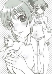 1girls barefoot bun_cover cleavage covered_nipples covering_breasts domestic_dog double_bun elizabeth_(gintama) female female_focus full_body gintama hair_ornament kagura_(gintama) looking_at_viewer monochrome nanno_koto off_shoulder panties sadaharu smile solo_focus standing tank_top teenage_girl teenager underboob