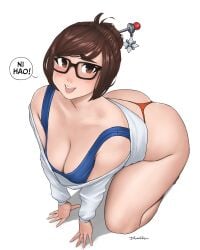 1girls all_fours asian asian_female big_breasts busty chinese chinese_text cleavage dismaiden eyewear female female_only glasses huge_ass huge_breasts light-skinned_female light_skin mei_(overwatch) overwatch talking_to_viewer thick_ass thick_thighs