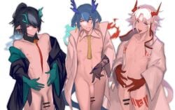 3boys acuonoa arknights bar_censor black_coat black_collar black_hair black_skin blue_eyes blue_hair blue_heart blush censored coat collar colored_skin cowboy_shot detached_collar dragon_boy dragon_horns dragon_tail dusk_(arknights) earrings embarrassed flaccid flame-tipped_tail genderswap_(ftm) green_skin hair_between_eyes hair_over_one_eye highres horns jewelry large_penis leg_tattoo ling_(arknights) long_sleeves looking_at_viewer male_focus male_only medium_hair multicolored_hair multiple_boys naked_coat navel necktie nian_(arknights) nipples off_shoulder one_eye_covered open_clothes open_coat penis pointy_ears purple_eyes red_eyes red_hair red_necktie red_skin rule_63 short_hair simple_background smile streaked_hair tail tassel tassel_earrings tattoo teeth tongue tongue_out upper_teeth white_background white_coat white_collar white_hair yellow_necktie