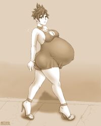 1girls ass belly big_ass big_belly big_breasts blyzzarde breasts cleavage dress earrings erect_nipples female female_only monochrome nipple_bulge overwatch pregnant short_hair solo tracer