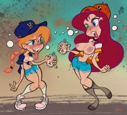 2girls bangs beer_can berryvapor breasts breasts_out curvaceous curvy cutoffs drunk female female_only full_body gardnerverse houston_astros marty_gardner nipples open_shirt ponytail red_hair sam_gardner sisters spumco style_parody toony