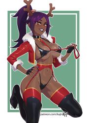 1girls bikini bleach boots breasts brown_skin christmas christmas_bikini dark-skinned_female dark_skin female female_only kajinman large_breasts leash_and_collar lips lipstick long_hair nail_polish purple_hair purple_lipstick purple_nails reindeer_antlers shihouin_yoruichi slim_waist solo thick_thighs thigh_boots thighhighs_under_boots thighs wide_hips yellow_eyes