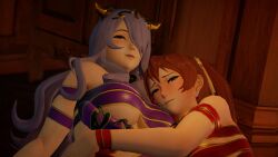 2girls 3d ass bare_shoulders blush breasts camilla_(fire_emblem) choker commission exaltedbrand fire_emblem fire_emblem_awakening fire_emblem_fates fireplace gift_wrapped gold_trim hand_on_ass head_on_breasts hug indoors long_hair more_at_source mostly_nude naked_ribbon nintendo posing purple_eyes purple_hair purple_ribbon red_eyes red_hair red_ribbon ribbon ribbons selena_(fire_emblem_fates) severa_(fire_emblem) twintails underboob yuri