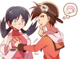 black_hair blue_eyes blue_hair blush chest_grab clothing crystal_(pokemon) ethan_(pokemon) female goggles_on_head gold_(pokemon) kris_(pokemon) looking_at_another male marshmallow pokemon pokemon_(manga) pokemon_adventures shocked short_hair yellow_eyes