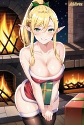 1girls ai_generated aiartz alluring big_breasts blonde_hair breasts christmas christmas_outfit christmas_present cleavage female fireplace green_eyes holding_present leafa nai_diffusion no_bra photoshop smile stable_diffusion stockings sword_art_online