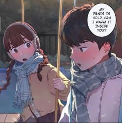 1boy 1girls black_hair blush brown_hair dirty_talk earmuffs horny horny_male male open_mouth outside scarf sitting snow source_request straight sweatdrop swing text_bubble twin_braids twintails winter winter_clothes