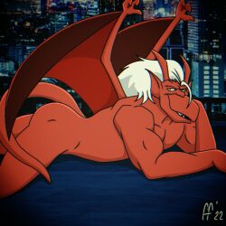 2022 anthro ass beak brooklyn_(gargoyles) disney fabfelipe gargoyle gargoyles hair hi_res long_hair looking_at_viewer lying male male_only muscular muscular_anthro muscular_male nude pecs pinup pose red_body rooftop signature solo white_hair wings