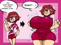 1girls ass_expansion bandai_namco belt belt_snapping blush blush_lines bodysuit breast_expansion cameltoe clothed clothed_female clothing digimon digimon_data_squad digimon_savers english_text female female_only fujieda_yoshino fujiweeb hip_expansion jacket magenta_bodysuit magenta_hair magenta_skinsuit nipple_bulge nipples_visible_through_clothing pink_eyes pink_jacket plump short_hair skinsuit speech_bubble surprised surprised_expression surprised_face text text_bubble thick_thighs thigh_expansion white_belt wide_hips