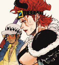 2boys big_pecs eustass_kid fully_clothed gay girl_staring_at_guy's_chest male male_only man_boobs meme one_piece red_hair sweat toboldlymuppet trafalgar_law yaoi