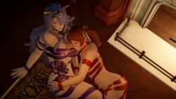 2girls 3d ass bare_shoulders blush breasts camilla_(fire_emblem) choker commission exaltedbrand fire_emblem fire_emblem_awakening fire_emblem_fates fireplace gift_wrapped gold_trim hand_on_ass head_on_breasts hug indoors long_hair more_at_source mostly_nude naked_ribbon nintendo posing purple_eyes purple_hair purple_ribbon red_eyes red_hair red_ribbon ribbon ribbons selena_(fire_emblem_fates) severa_(fire_emblem) twintails underboob yuri