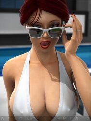 adjusting_eyewear adjusting_glasses adjusting_sunglasses bedroom_eyes breasts cleavage clothing deep_cleavage licking_lips looking_over_eyewear looking_over_glasses looking_over_sunglasses red_hair redhead sunglasses swimming_pool sydgrl3d tinted_eyewear