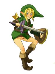 blonde_hair blue_eyes blush bottomless earrings embarrassed embarrassed_nude_femboy embarrassed_nude_male femboy hat link link_(twilight_princess) male master_sword nintendo notsuki_miko open_mouth penis pointy_ears shield small_penis solo solo_male sword tears the_legend_of_zelda twilight_princess