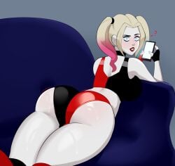 1girls ? ass bare_shoulders batman_(series) big_ass big_butt blue_eyes breasts bubble_butt choker clothed clothing couch dc dc_comics female female_only fingerless_gloves g3mma gloves grey_background harleen_quinzel harley_quinn harley_quinn_(2019) harley_quinn_(series) large_ass looking_at_viewer looking_back lying lying_on_couch lying_on_stomach phone short_shorts simple_background solo solo_female tank_top thick_thighs twintails