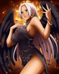 1girls aged_up anime_style bare_shoulders big_breasts black_hair black_wings bracelet breasts dark-skinned_female dark_skin dress earrings female female_only fire flames long_hair looking_at_viewer lunarian nipple_bulge one_piece oppai rakara11 s-snake_(one_piece) seraphim_(one_piece) solo star-shaped_pupils thighs white_hair wings